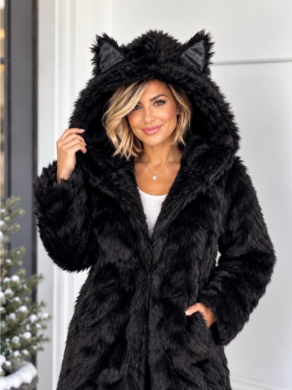 WENXI Faux Fur Cat Ears Hooded Coat Size S Black Oversized Hood Lined NWT